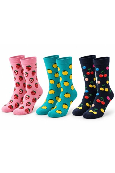 Şerife Hanım Women's and Men's Socks Fruit Patterned Colorful Set of 3 Long S...