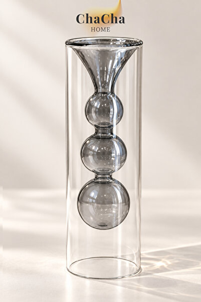 ChaCha Home Füme Çift Cidarlı Borosilikat Cam Vazo 21,5 cm