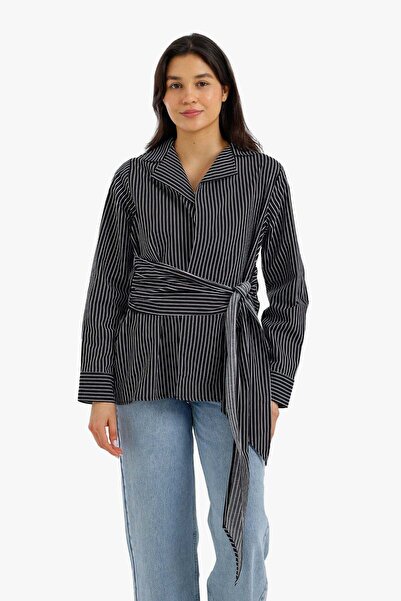 CARINA Karina Striped Cotton Shirt with Belt - Comfortable Fit - Blue