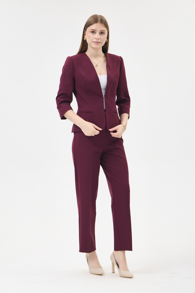 VELNARA MODA V Yaka Ceket & Dar Paça Pantolon - Kadın Takım Elbise Koyu Mürdü...