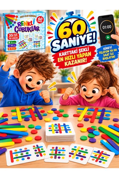 a v d a Renkli Çubuklar Zeka Oyunu –Kartı İncele Çubuklar ve Düğmelerle Oluştur - Hız Hafıza ve Dikkat Oyunu – Görsel Eşleştirme ve Şekil Oluşturma Oyunu – 60 Parça – 35 Kart 70 Görsel – 2+ Oyuncu – 3 Yaş+