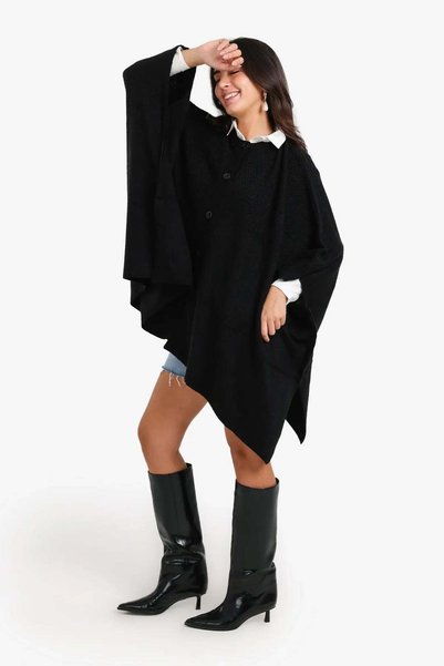 CARINA Carina Asymmetrical Buttoned Poncho - Medium Grey