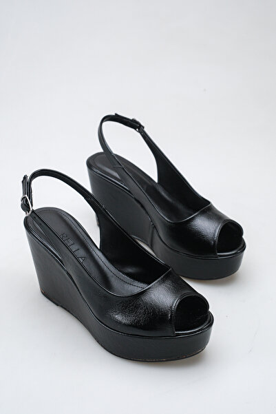 Rella Black Metallic Platform Wedge Heel Open Toe Evening Dress Shoes with Ba...