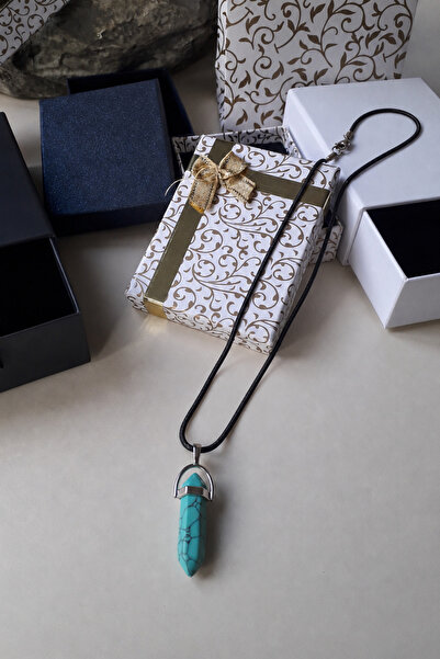 emirOmade Prism Turquoise Natural Stone Necklace 50cm Leather Cord 2.1X2.5Cm ...