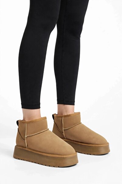 Trendlov Women's Brown Suede Fur Lined Mini Boots Thick Platform Sole Winter