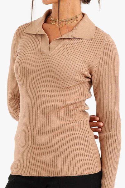 CARINA Carina Ribbed Pullover with Collar - Medium Beige