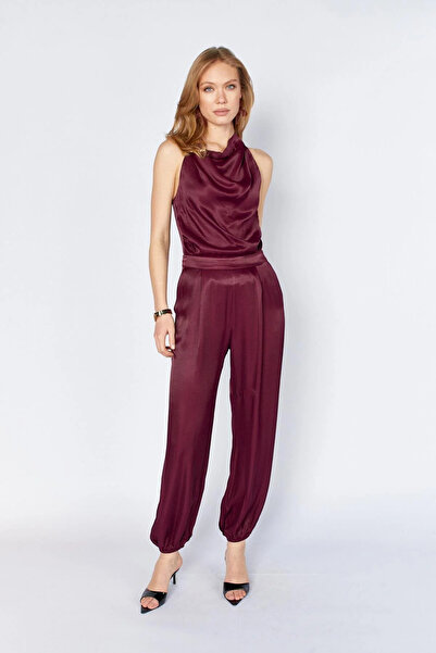 Şeker Portakalım Women's Mürdüm 9087 Satin Suit with Collar Tie and Gold Buck...