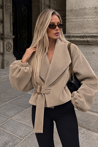 Trendsensin Lorven Çapraz Tokalı Süet Oversize Vizon Viral Kadın Ceket