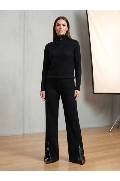 YusGos Women's Corded Fabric Neck and Leg Zippered Slit Knit Set