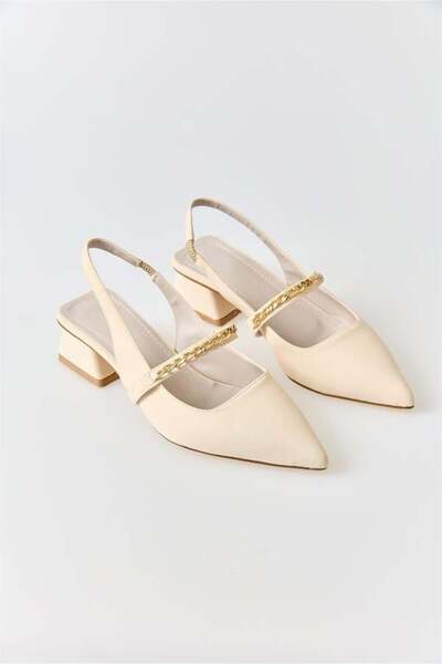 Juuuj Cream Flexible Sole Medium Heel Pointed Toe Stone Detailed Open Back Sl...