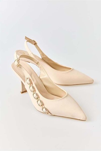 Juuuj Cream-Colored Flexible Sole Pointed Toe Side Chain Detailed Open Back S...