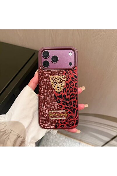 Apple iPhone 18 Pro Max Uyumlu Bordo Luxury Leopar İnci Motifli Kılıf