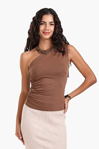 CARINA Carina One Shoulder Top with Ruffles - Coffee Brown