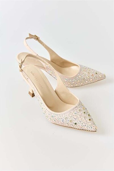 Juuuj Cream Stone Detailed Pointed Toe Thin Heeled Open Back Strap Design Shoes