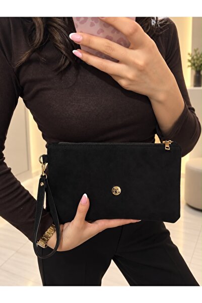 Genel Markalar Kadın Suet Clutch Şık El Çantası Siyah