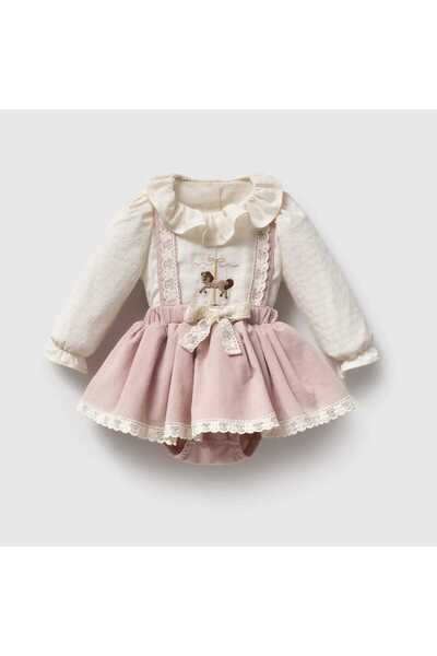 ministok Pinky Carousel Embroidered Baby Girl Salopet Set