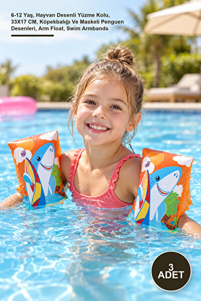 Yenilig 3 Adet Büyük Çocuk Deniz Kolluğu – 6-12 Yaş, Hayvan Desenli Yüzme Kolu, 33X17 CM, Köpekbalığı Ve Maskeli Penguen Desenleri, Arm Float, Swim Armbands