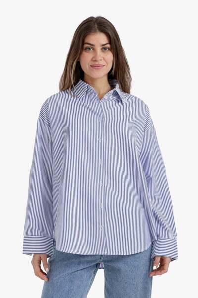 CARINA Karina Long Sleeve Striped Poplin Shirt - Comfortable Fit - Navy Blue
