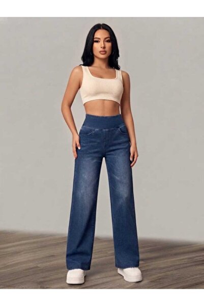LUMABUTİK Luma Fashion Kadın yüksek bel lastikli geniş paçalı kot pantolon