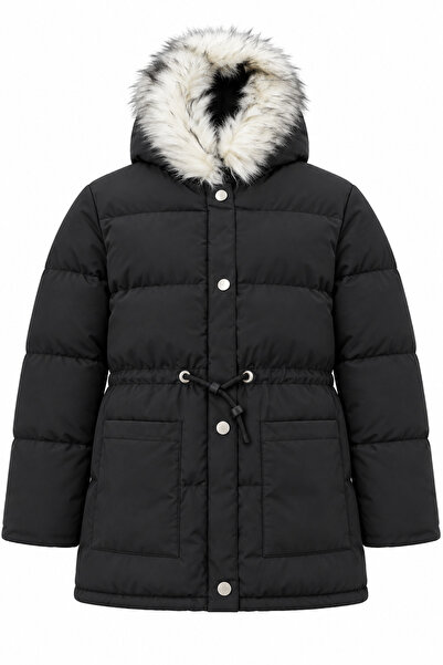 Raben Women's Hooded Fur Detailed Long Puffer Coat with Adjustable Waist.