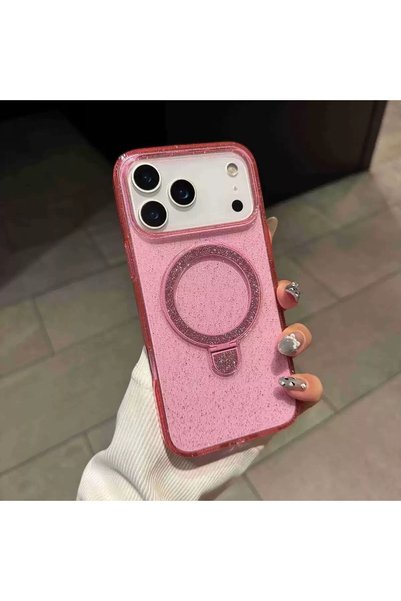 madamcase Apple iPhone 17 Pro Uyumlu Pembe Shine Simli Standlı M-Safe Premium...