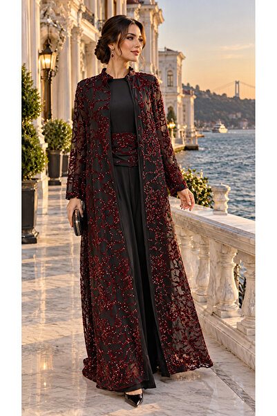 abiye pazarı Lüks Taş Detaylı Özel Flok Baskılı Uzun bordo Abaya,abiye elbise