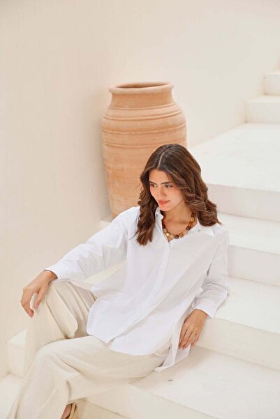 CARINA Karina Oversize Cotton Shirt - Asymmetrical Hem - White