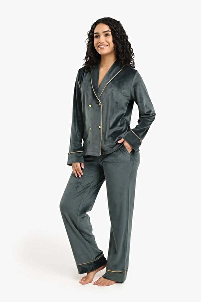 CARINA Karina Double Breasted Velvet Pajama Set - Khaki