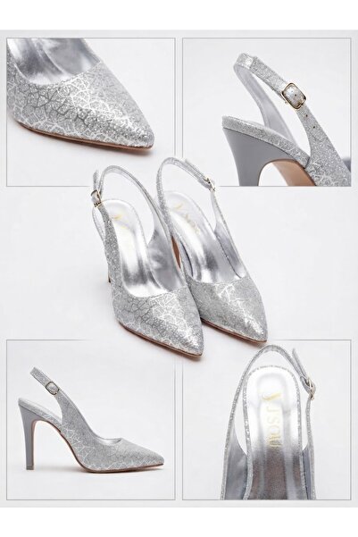 Gümüş Desenli Arkadan Bantlı Sivri Burun İnce Topuklu Kadın Stiletto