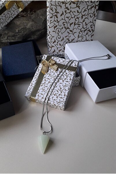 emirOmade Jade Natural Stone Necklace 45cm with Steel Chain 2.1X2.5Cm Jade Na...