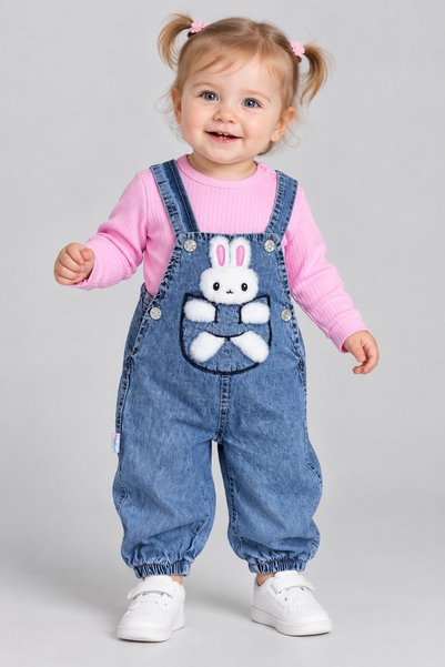 caddekids Kız Bebek Tavşanlı Kot Salopet Takım Uzun Kollu Bodyli 2'li Bebek T...