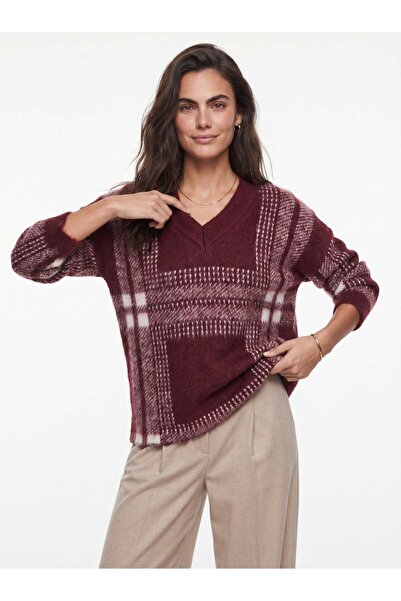 Juuuj Burgundy Plaid Patterned Soft Textured V-Neck Long Sleeve Standard Fit ...