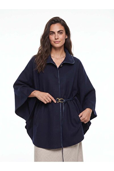 Juuuj Navy Blue Wool Cashmere Fabric Wide Cut Poncho with Faux Leather Trim B...