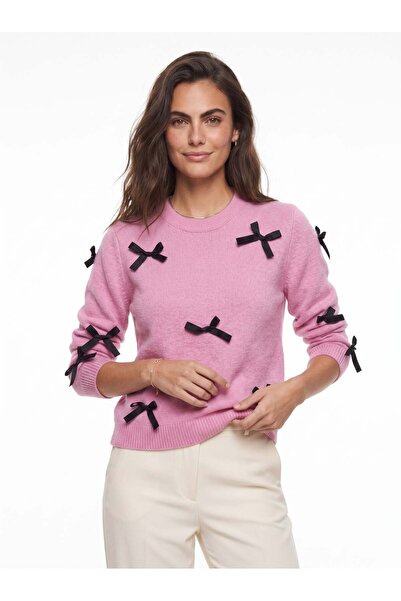 Juuuj Powder Pink Stretchy Knitwear Fabric Crew Neck Regular Cut Black Bow De...
