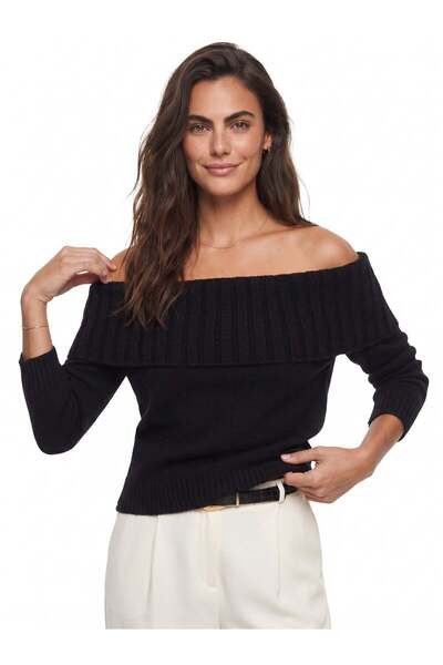 Juuuj Black Knitwear Fabric Madonna Collar Long Sleeve Basic Form Ribbed Deta...