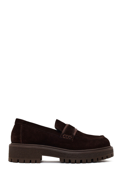 Derimod Women's Brown Thick-Soled Suede Leather Masculine Loafer Af410006Ds