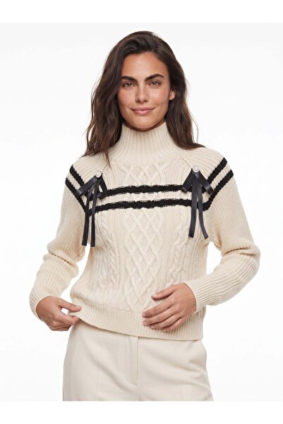Juuuj Ecru Black Acrylic Fabric High Collar Standard Fit Knitted Sweater with...