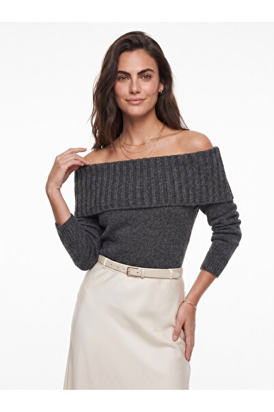 Juuuj Anthracite Textured Madonna Collar Long Sleeve Slim Fit Basic Soft Form...