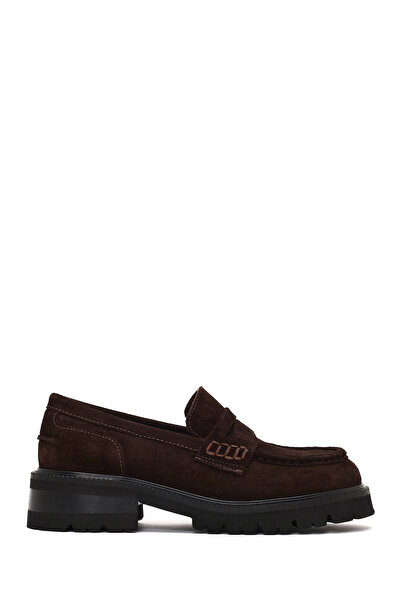 Derimod Women's Brown Thick-Soled Suede Leather Loafer Af130002Ds