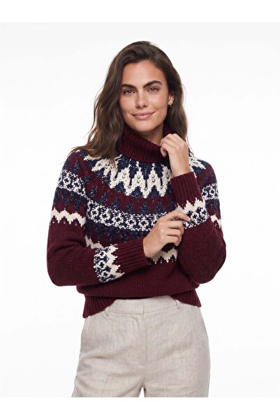 Juuuj Burgundy Acrylic Blended Raglan Sleeve Jacquard Patterned Standard Fit ...