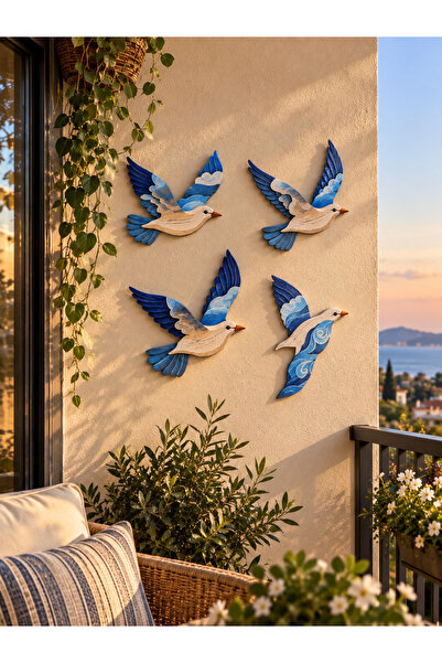 estölye 4'lü Ahşap Martı Duvar Dekoru 15 cm | Deniz Temalı Mavi Beyaz Balkon,...