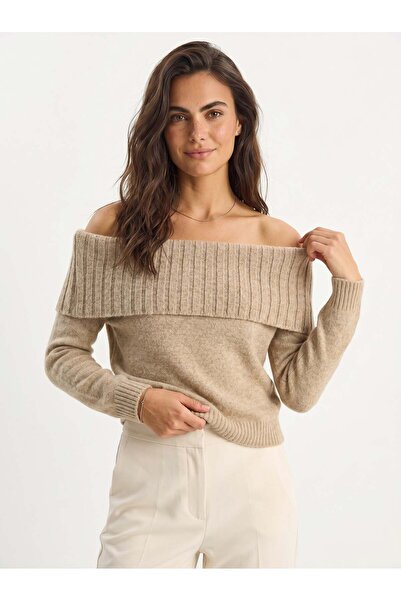 Juuuj Beige Knitwear Textured Madonna Collar Long Sleeve Basic Form Knitted S...