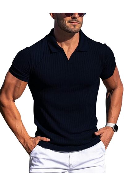 GENERAL Men's Muscle V Neck Polo Shirts Slim Fit Short Long Sleeve Cotton Gol...