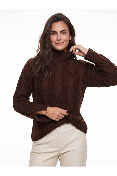 Juuuj Brown Acrylic Blended Half Turtleneck Textured Knit Sweater with Hair B...