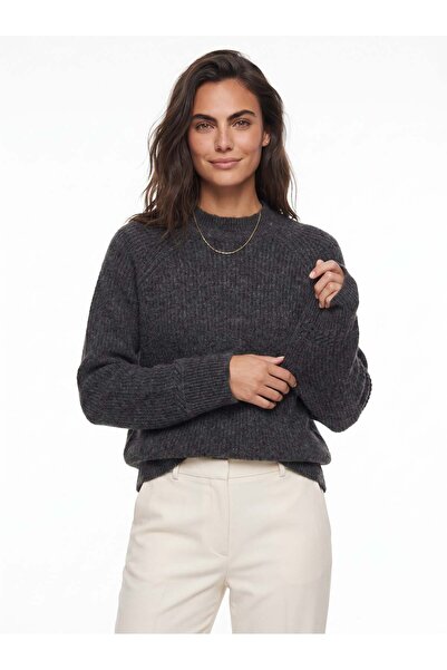 Juuuj Anthracite Soft Textured Knitted Patterned Crew Neck Raglan Sleeve Stan...