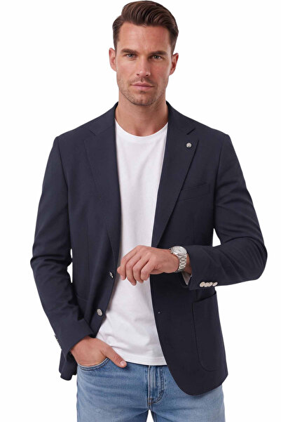 DeepSEA Erkek Slim Fit Likralı Koyu Lacivert Blazer Ceket – Metal Düğmeli Torba Cepli Spor Ceket 2600828