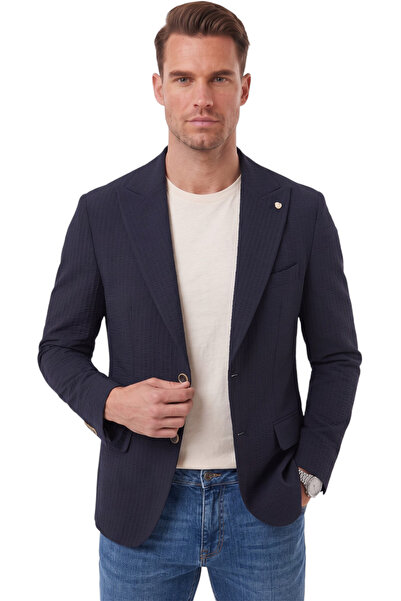 DeepSEA Erkek Slim Fit Likralı Lacivert Blazer Ceket – Gofre Dokulu Esnek Çift Düğmeli Spor Ceket 2600813