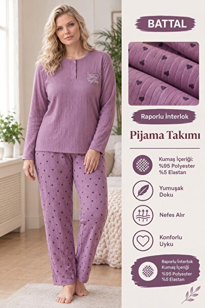 lindros Kadın Düğme Yaka Raporlu İnterlok KIŞLIK Battal Pijama Takımı 02788 -...