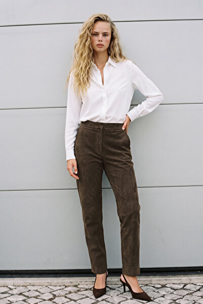 Sateen Süet Pantolon - Kahve