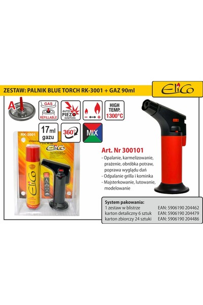 ELICO Set arzător piezo Blue Torch RK-3001 + rezervă gaz 90 ml